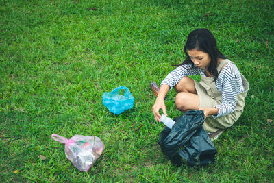 High angle view of girl on field