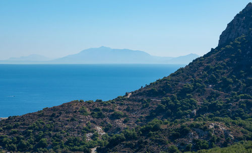 Scenic view of sea and mountains against clear blue sky