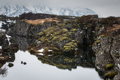 Scenic view of lake with mountains in background