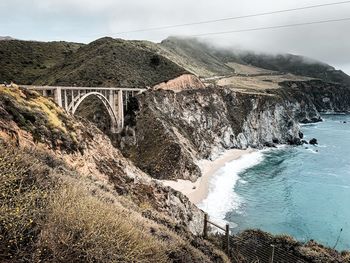 Aerial view of bridge over sea against sky