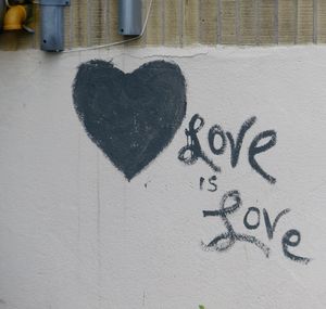 Close-up of text on heart shape on brick wall