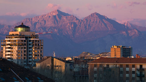 Buildings in city during winter