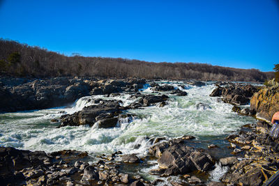 Scenic view of river against clear blue sky