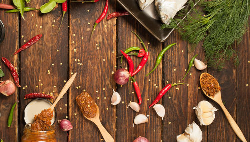 High angle view of chili peppers on table