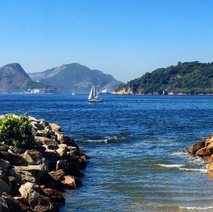 Scenic view of sea against clear blue sky