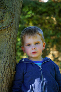 Portrait of boy in tree trunk