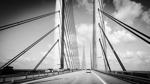 Low angle view of suspension bridge against sky