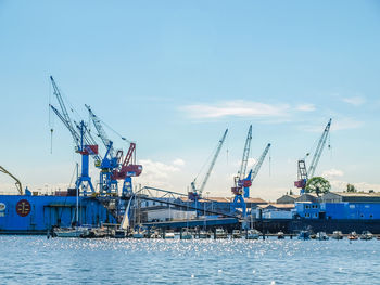 Cranes in sea against sky