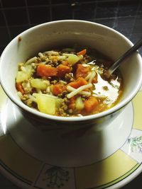 High angle view of soup in bowl