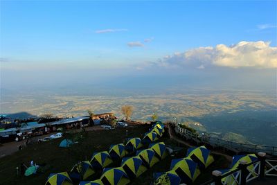 High angle view of buildings against sky