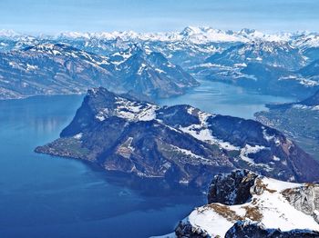 Aerial view of snowcapped mountains against sky