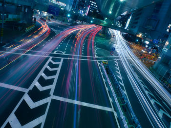 High angle view of light trails on city street