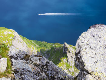 High angle view of boats at sea