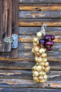 Onions hanging from wooden house wall