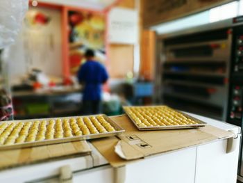 Close-up of food in baking tray at kitchen