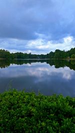 Scenic view of lake against cloudy sky