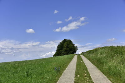 Surface level of road on field against sky