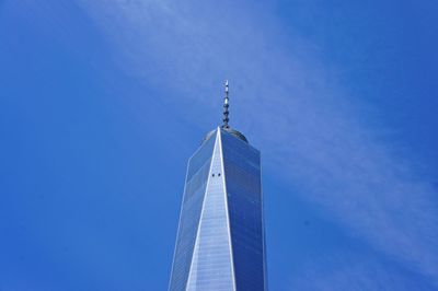 Low angle view of modern building against clear blue sky