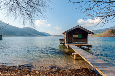 Scenic view of lake by building against sky