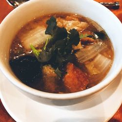 High angle view of soup in bowl on table