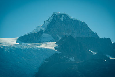 Scenic view of snowcapped mountains against clear blue sky