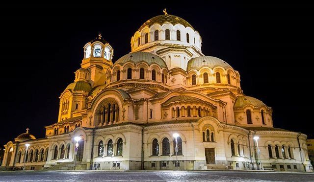 place of worship, religion, spirituality, architecture, church, building exterior, built structure, dome, cathedral, night, facade, low angle view, famous place, travel destinations, illuminated, clear sky, sky, tourism