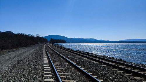 View of railroad tracks against clear blue sky