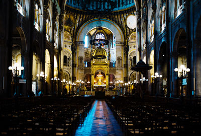 View of illuminated buildings at temple