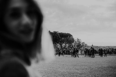 Low angle view of woman with dog