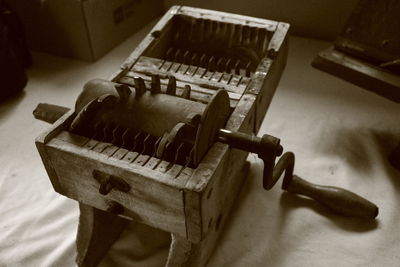 High angle view of guitar at home