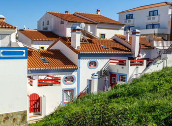 Small colourful houses in a little portuguese village. 