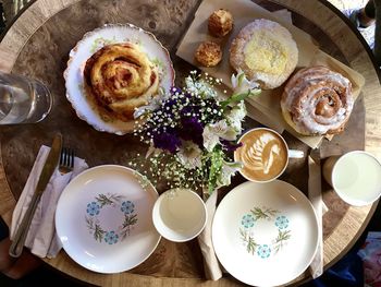 High angle view of cake served on table