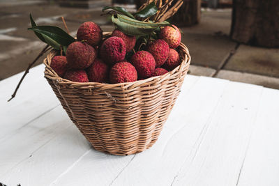 High angle view of strawberries in basket on table