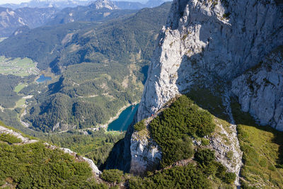 High angle view of rocks on land against mountains