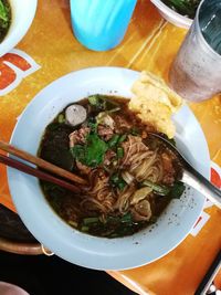 High angle view of soup in bowl on table