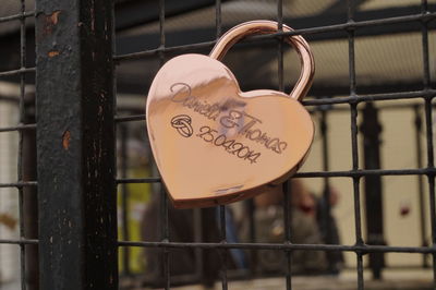 Close-up of love padlocks hanging on metal fence
