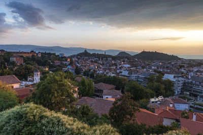 High angle view of townscape against sky at sunset