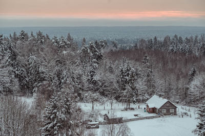 Scenic view of trees and houses against sky during winter