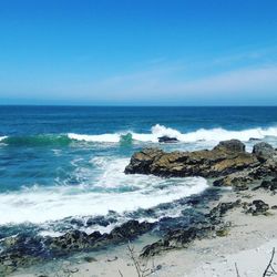 Scenic view of sea against clear blue sky