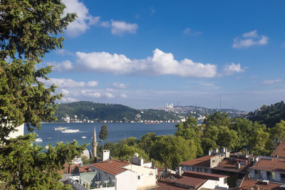 High angle view of townscape by sea