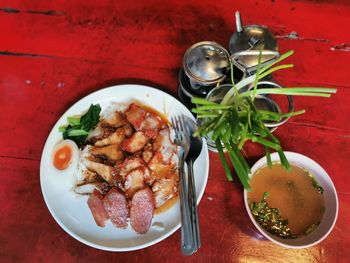 High angle view of meal served on table