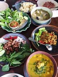 High angle view of food served on table