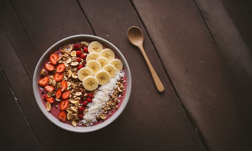 High angle view of food in bowl on table