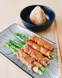 High angle view of seafood in plate on table