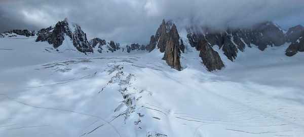 Panoramic view of snow covered mountain against sky