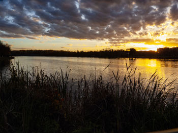 Scenic view of lake against sky during sunset