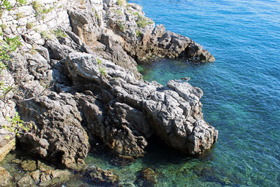 High angle view of rock formation in sea