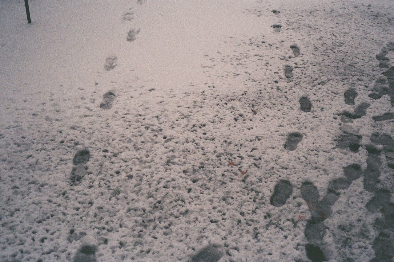 HIGH ANGLE VIEW OF FOOTPRINTS ON SAND AT SNOW