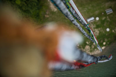 High angle view of safety harness hanging outdoors