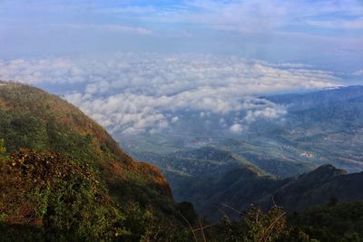 High angle view of mountains against sky